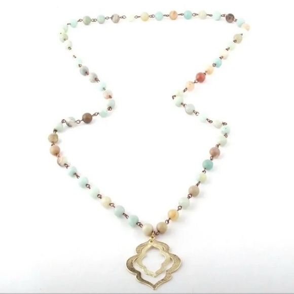 Anthropologie Amazonite Natural Stone Lotus Necklace - Picture 1 of 5